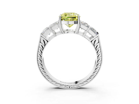 White gold Fancy Yellow Cushion Cut Solitaire Princess Side Stone Engraved Band Prong Setting Ring_3