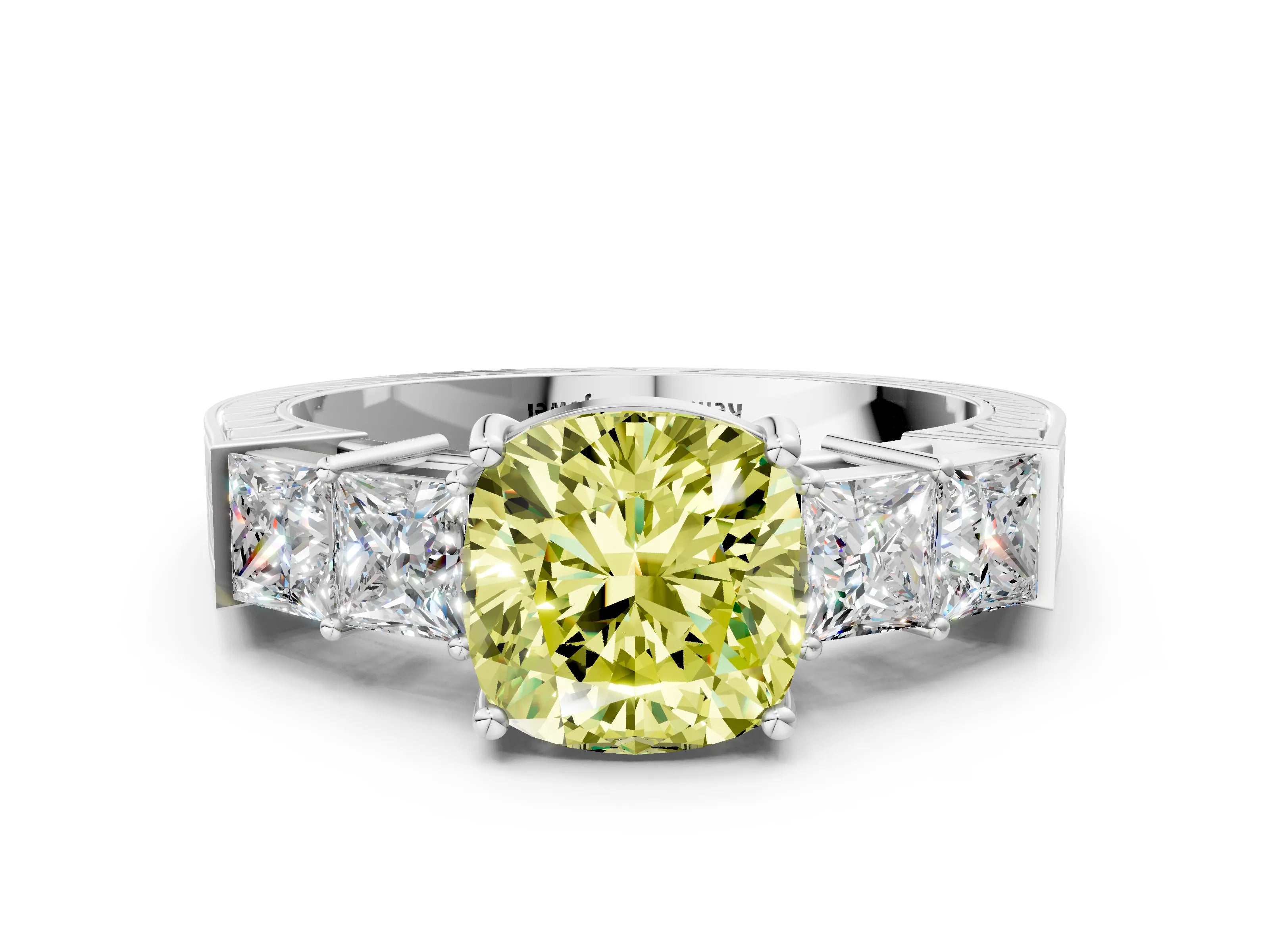 White gold Fancy Yellow Cushion Cut Solitaire Princess Side Stone Engraved Band Prong Setting Ring