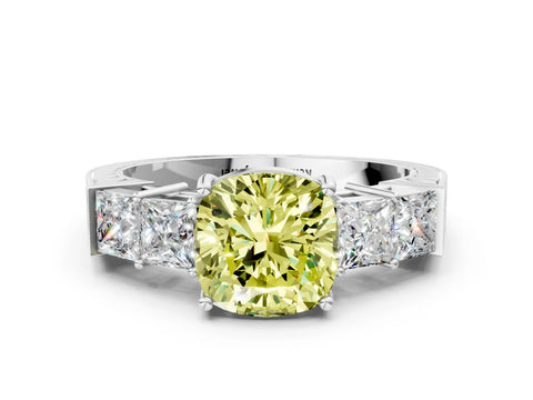White gold Fancy Yellow Cushion Cut Solitaire Princess Side Stone Engraved Band Prong Setting Ring