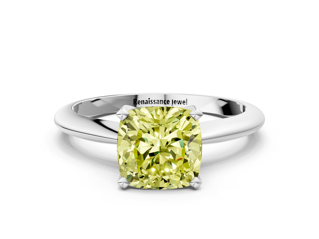 White gold Fancy Yellow Cushion  Cut Solitaire Ring with Four-Prong Setting on a Classic Band_103