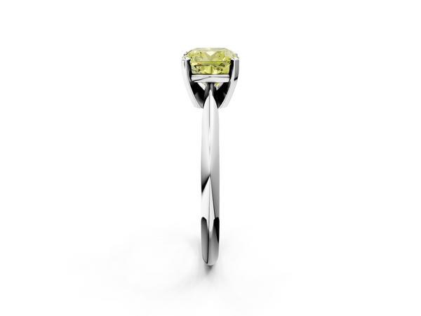 Platinum Fancy Yellow Cushion  Cut Solitaire Ring with Four-Prong Setting on a Classic Band
