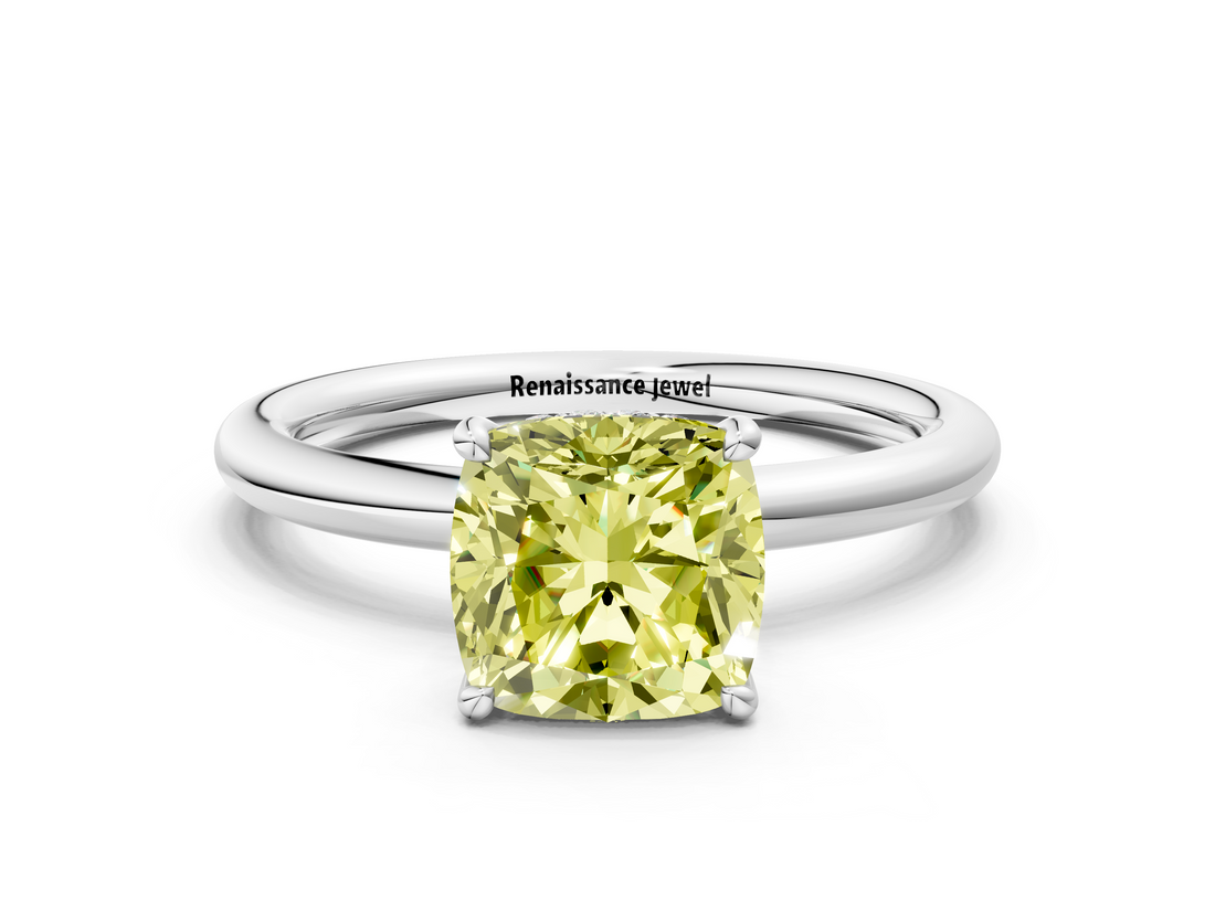White gold Fancy Yellow Cushion  Cut Solitaire Ring with Thin Band and Four-Prong Setting_16