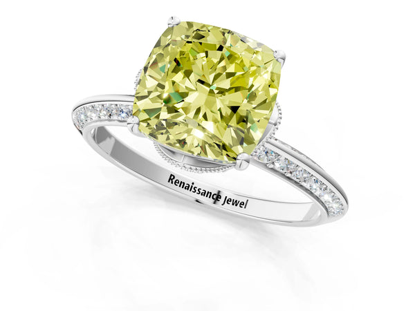 White Gold Cushion Cut Graduated Pave Engagement Ring Setting for Fancy Yellow Center