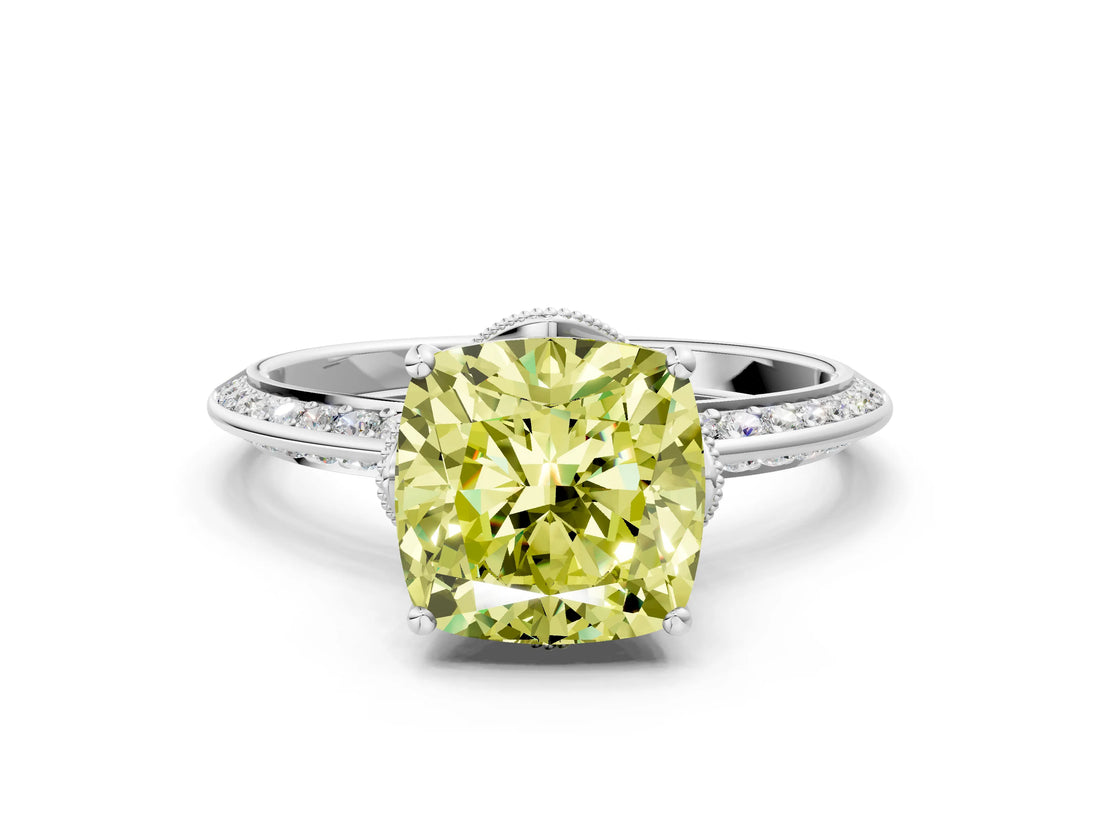 White gold Fancy Yellow Cushion Cut Solitaire Split Shank Pave Diamond Engagement Ring with Four-Prong Setting