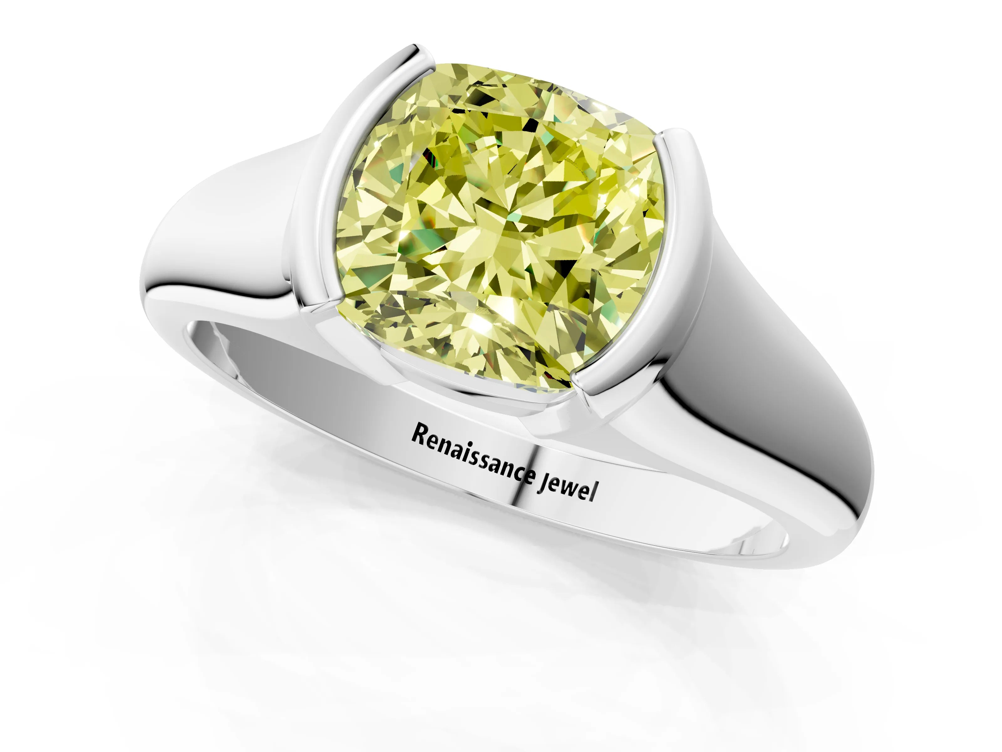 White gold Fancy Yellow Cushion Cut Solitaire Tension Set Diamond Ring with Split Shank Band_1