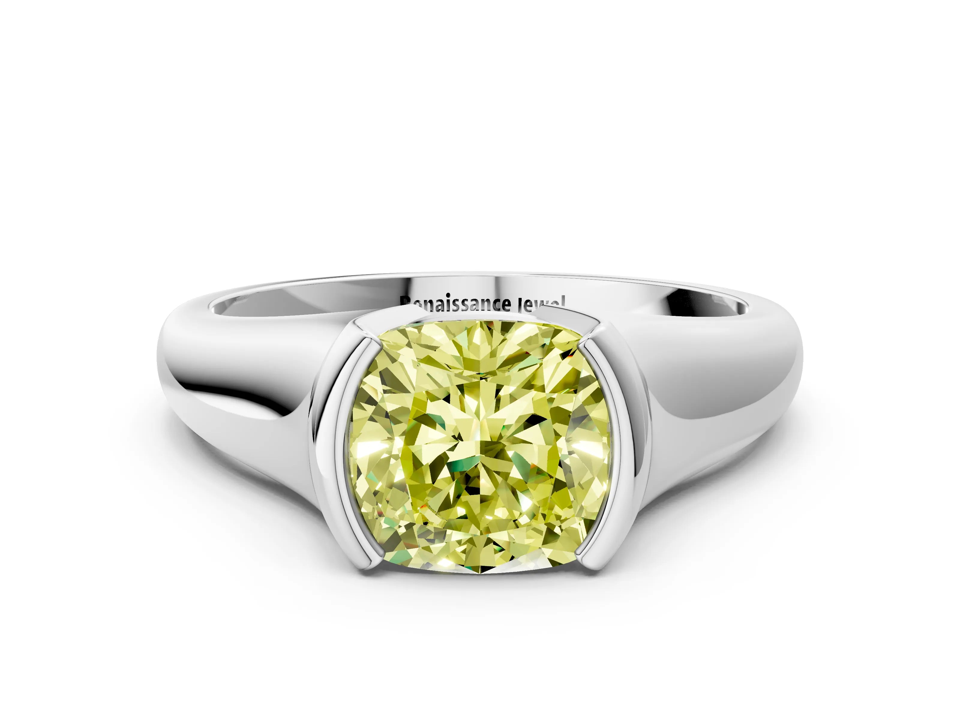 White gold Fancy Yellow Cushion Cut Solitaire Tension Set Diamond Ring with Split Shank Band