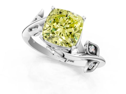 White gold Fancy Yellow Cushion Cut Solitaire Twist Engagement Ring with Leaf Accents and Prong Setting_13