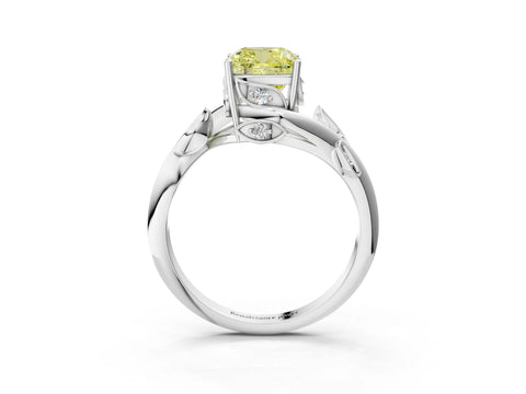 White gold Fancy Yellow Cushion Cut Solitaire Twist Engagement Ring with Leaf Accents and Prong Setting_15