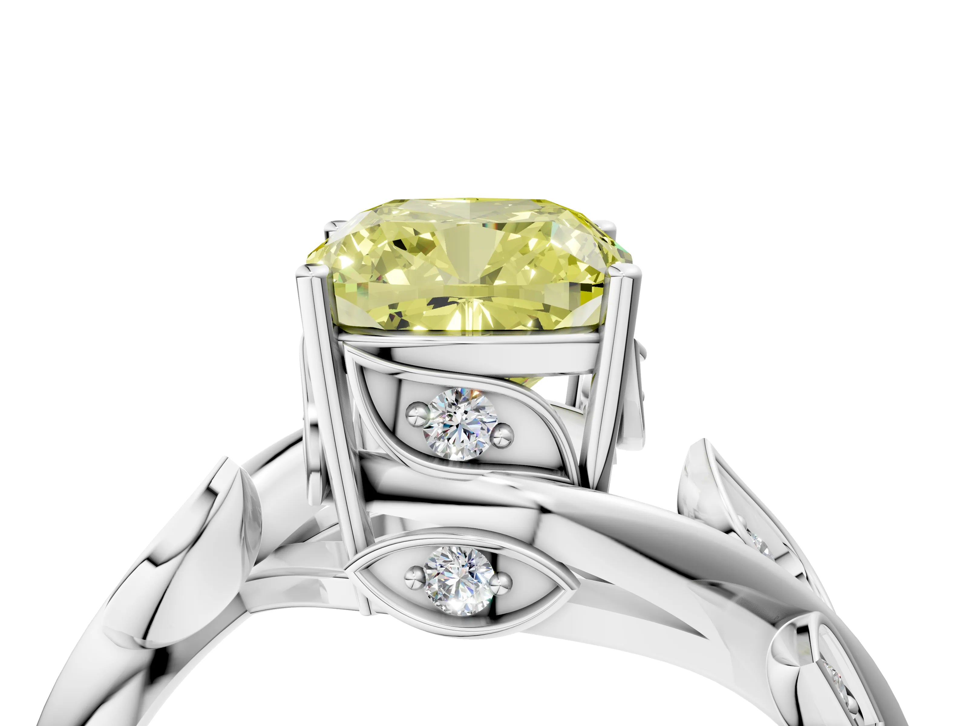White gold Fancy Yellow Cushion Cut Solitaire Twist Engagement Ring with Leaf Accents and Prong Setting_16