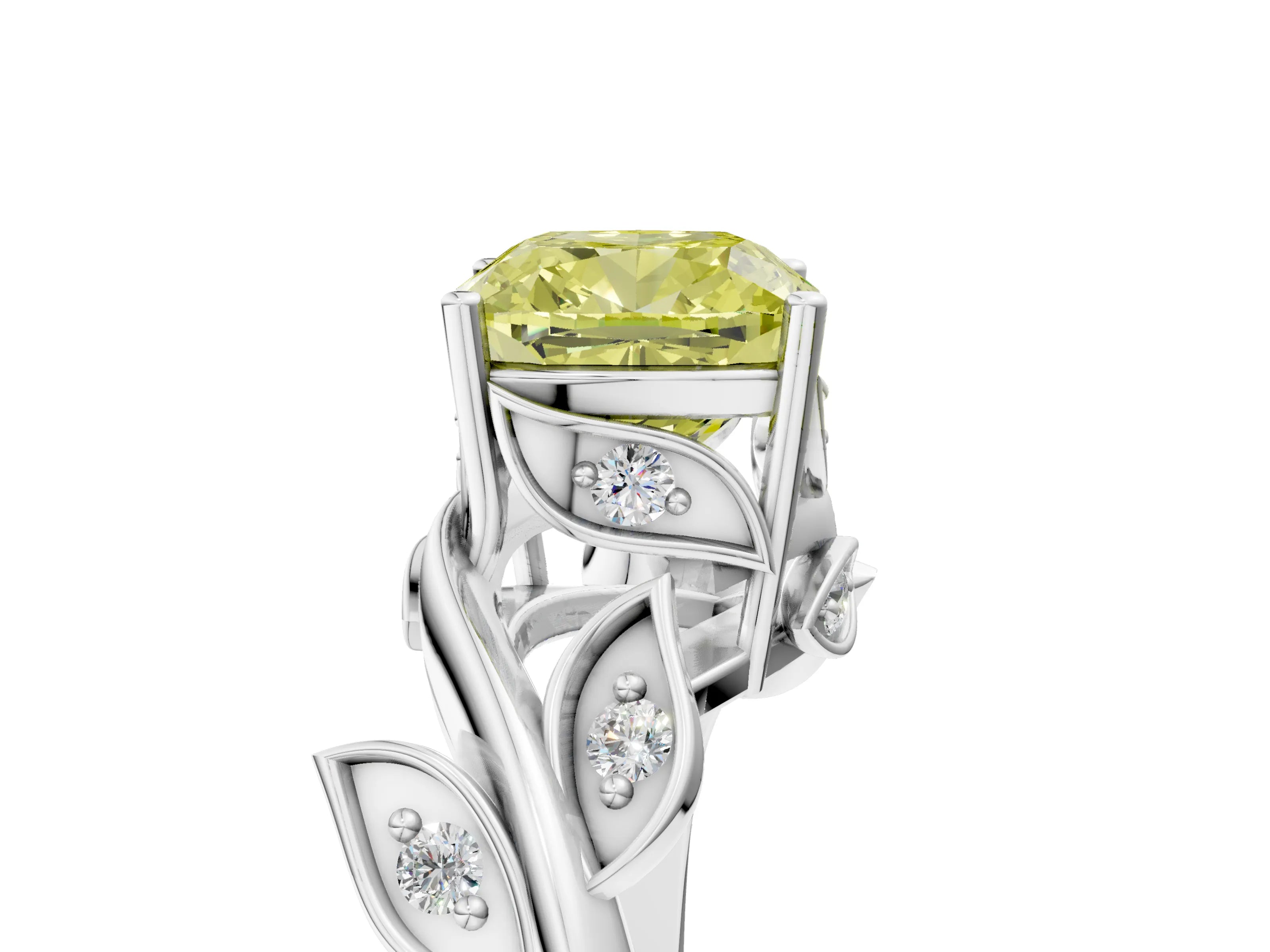 White gold Fancy Yellow Cushion Cut Solitaire Twist Engagement Ring with Leaf Accents and Prong Setting_17