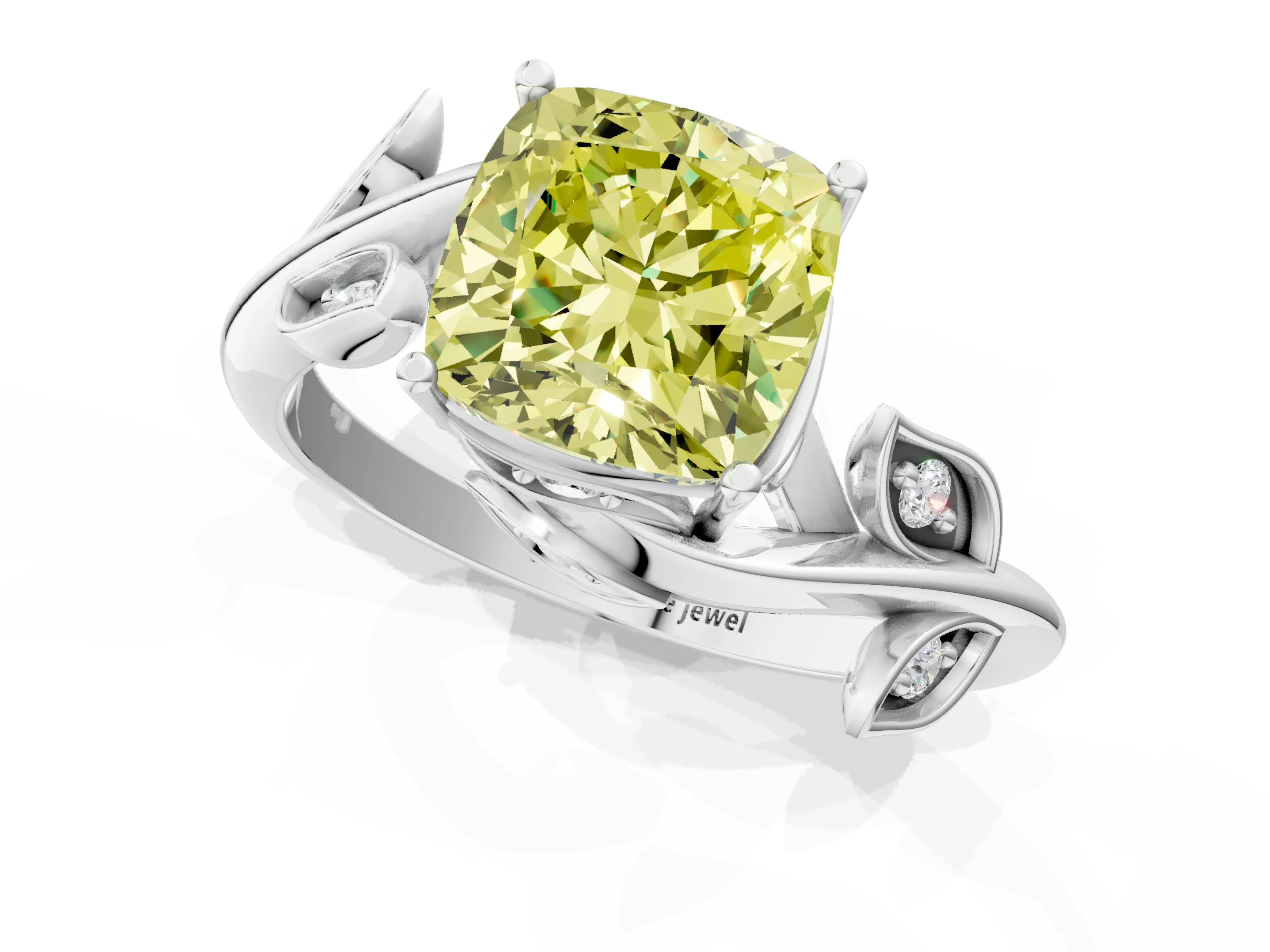 White gold Fancy Yellow Cushion Cut Solitaire Twist Engagement Ring with Leaf Accents and Prong Setting_1