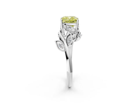 White gold Fancy Yellow Cushion Cut Solitaire Twist Engagement Ring with Leaf Accents and Prong Setting_2