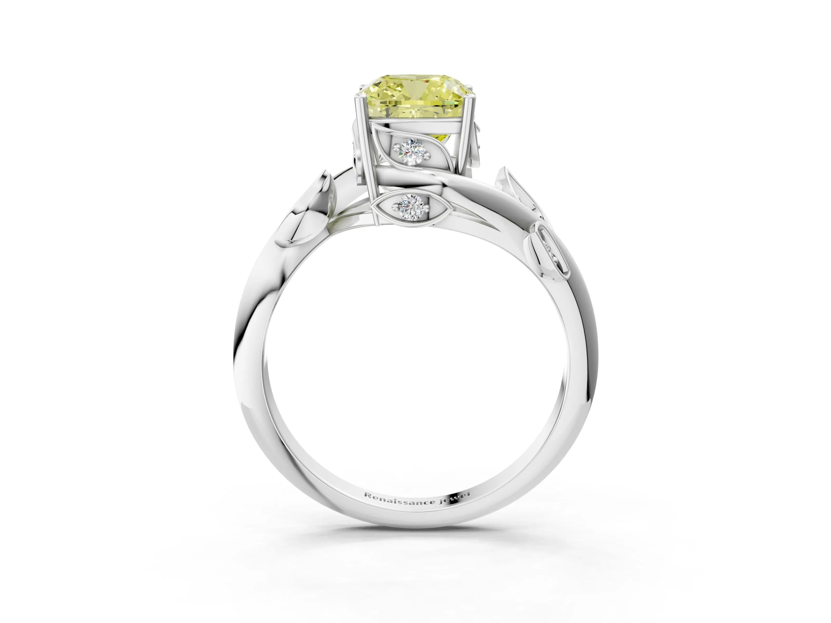 White gold Fancy Yellow Cushion Cut Solitaire Twist Engagement Ring with Leaf Accents and Prong Setting_3
