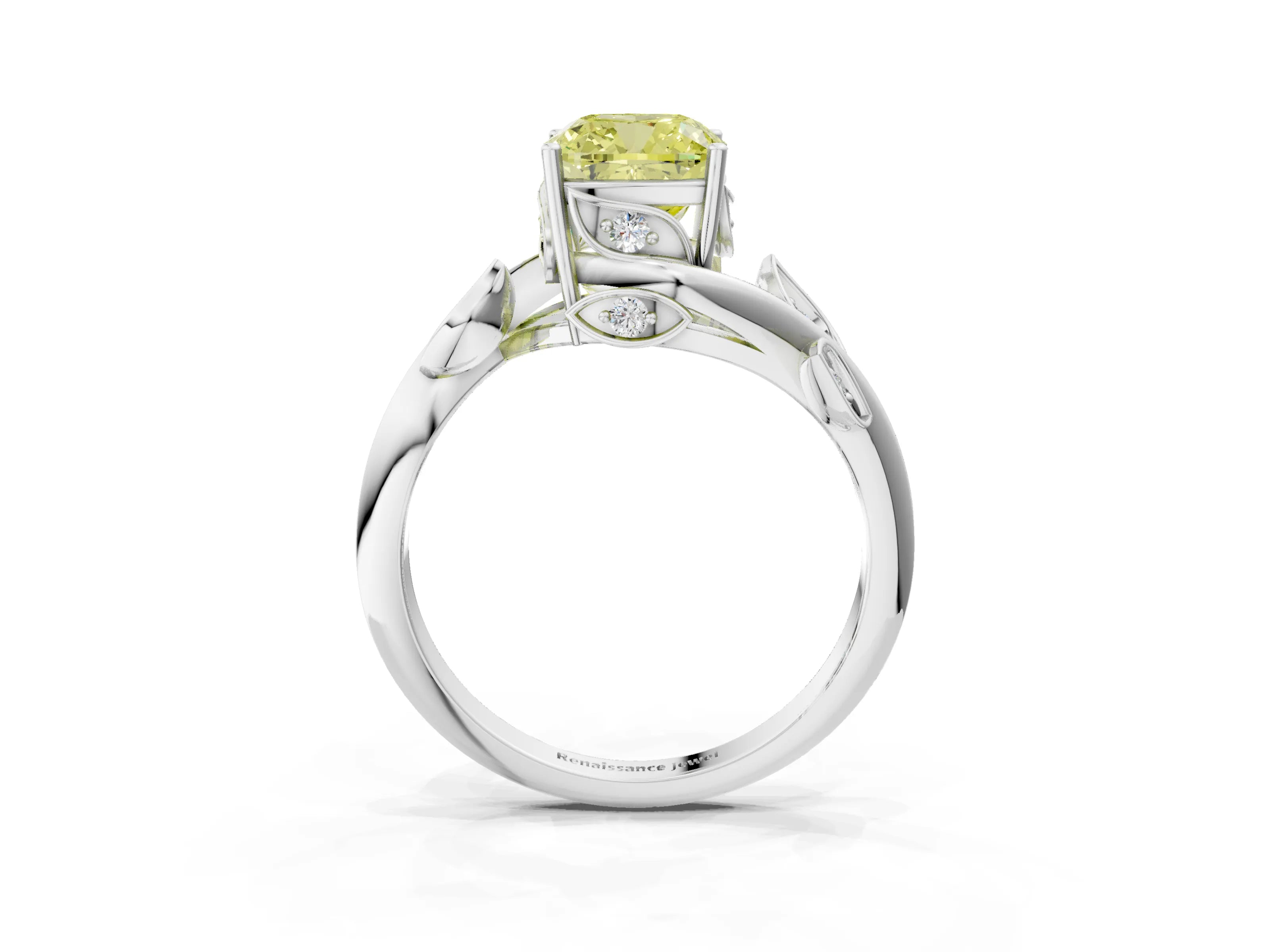 White gold Fancy Yellow Cushion Cut Solitaire Twist Engagement Ring with Leaf Accents and Prong Setting_3