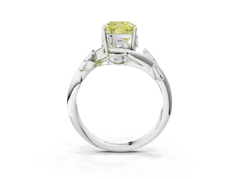 White gold Fancy Yellow Cushion Cut Solitaire Twist Engagement Ring with Leaf Accents and Prong Setting_3
