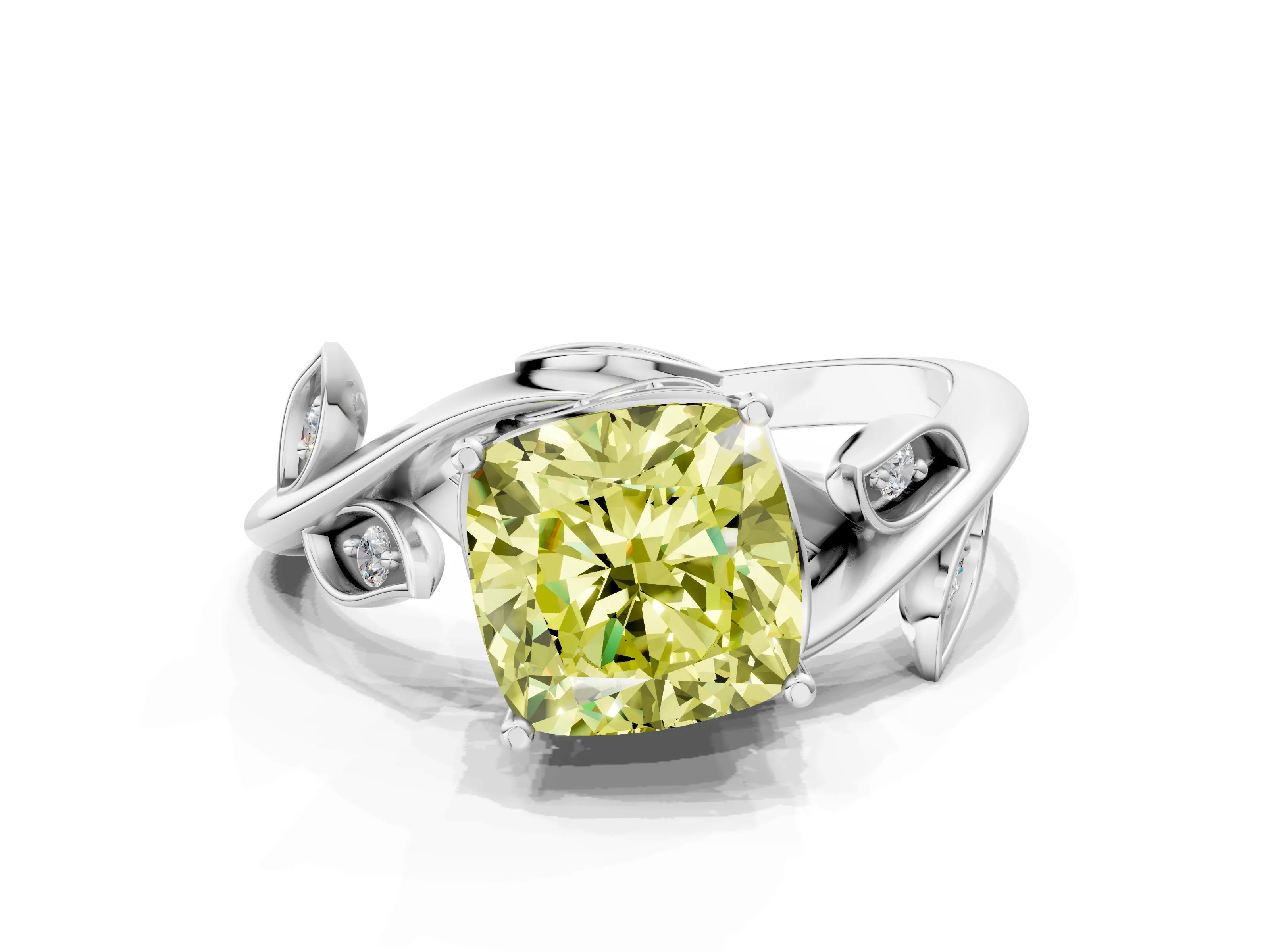 White gold Fancy Yellow Cushion Cut Solitaire Twist Engagement Ring with Leaf Accents and Prong Setting