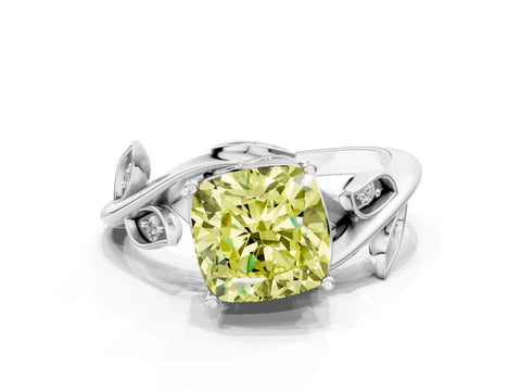 White gold Fancy Yellow Cushion Cut Solitaire Twist Engagement Ring with Leaf Accents and Prong Setting