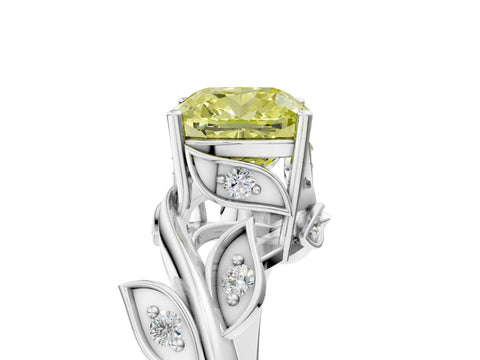 White gold Fancy Yellow Cushion Cut Solitaire Twist Engagement Ring with Leaf Accents and Prong Setting_5