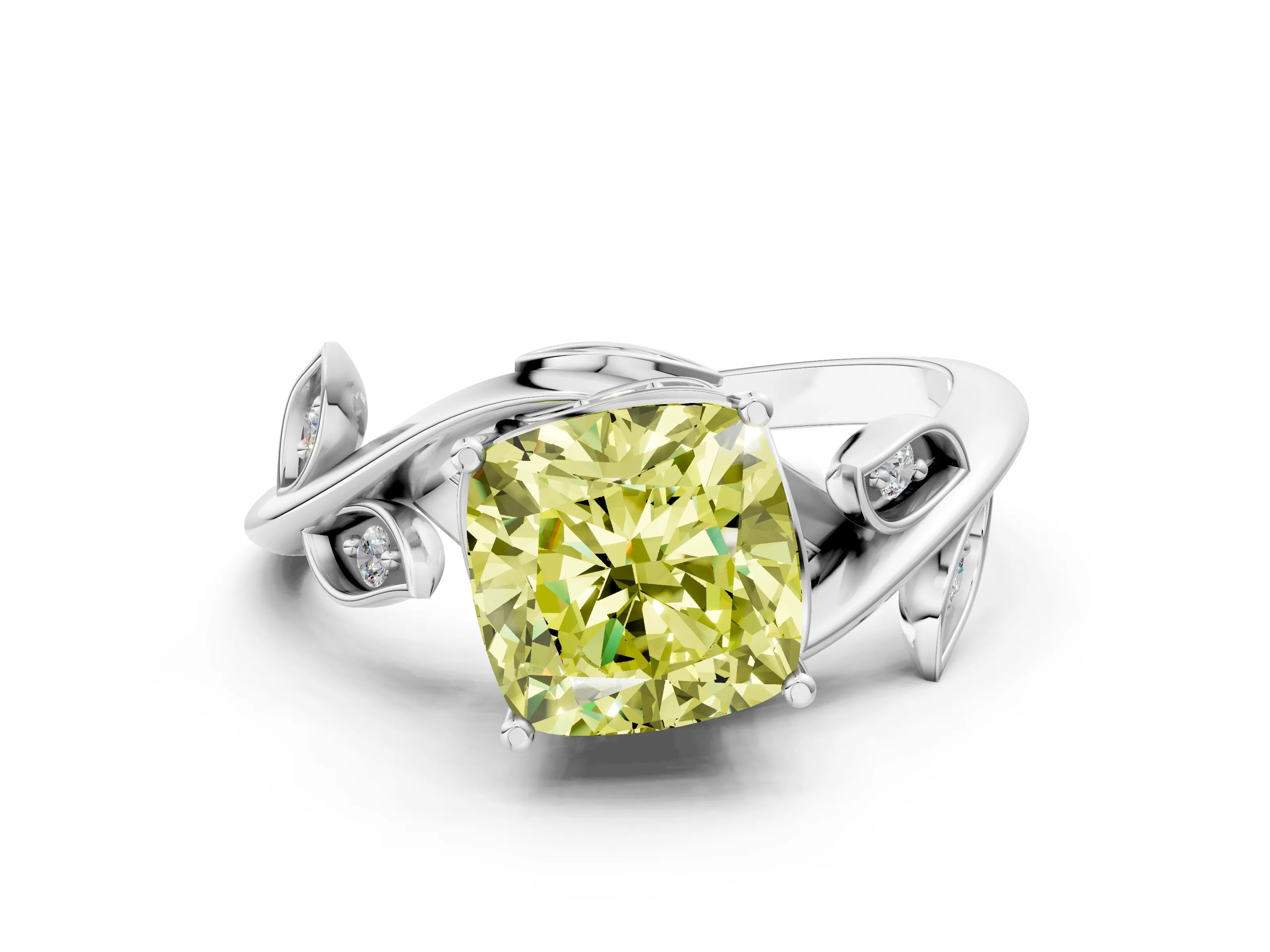 White gold Fancy Yellow Cushion Cut Solitaire Twist Engagement Ring with Leaf Accents and Prong Setting