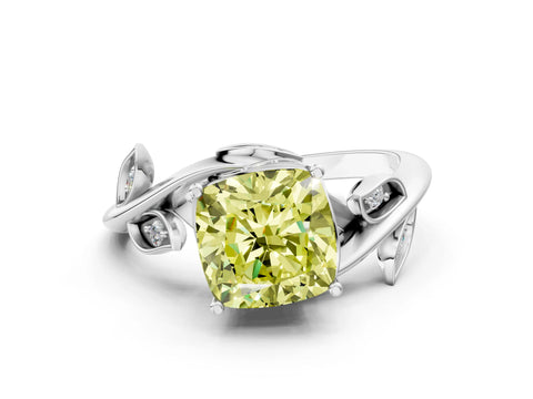 White gold Fancy Yellow Cushion Cut Solitaire Twist Engagement Ring with Leaf Accents and Prong Setting