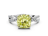 White gold Fancy Yellow Cushion Cut Solitaire Twist Pave Diamond Engagement Ring with Prong Setting