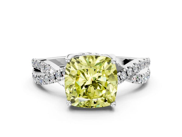 White gold Fancy Yellow Cushion Cut Solitaire Twist Pave Diamond Engagement Ring with Prong Setting