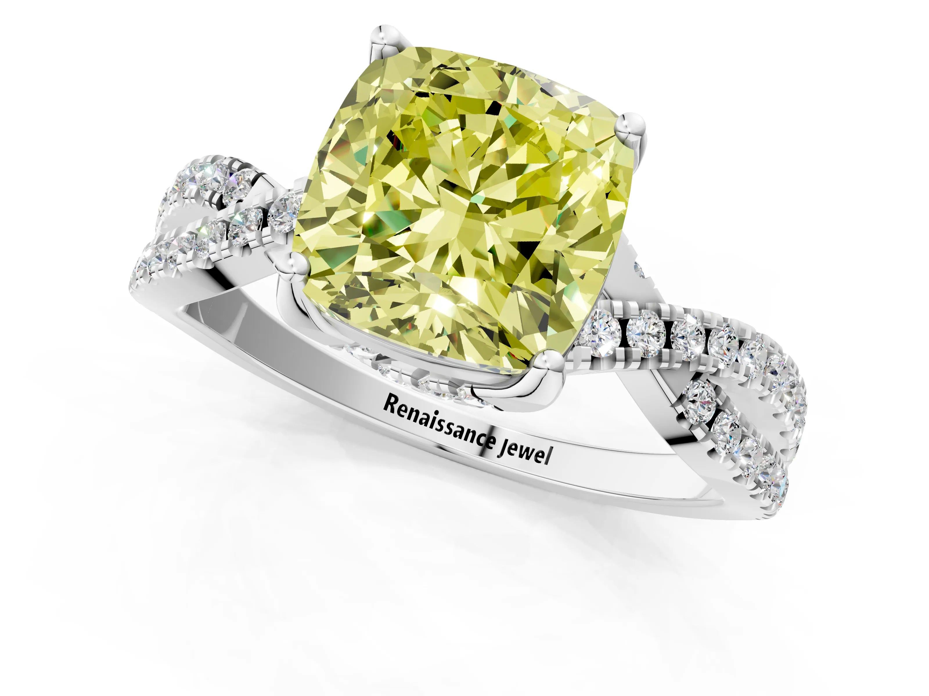 White gold Fancy Yellow Cushion Cut Solitaire Twist Pave Diamond Engagement Ring with Prong Setting_13