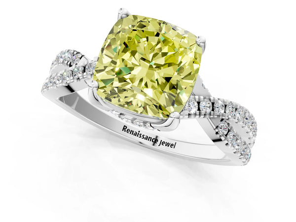 White gold Fancy Yellow Cushion Cut Solitaire Twist Pave Diamond Engagement Ring with Prong Setting