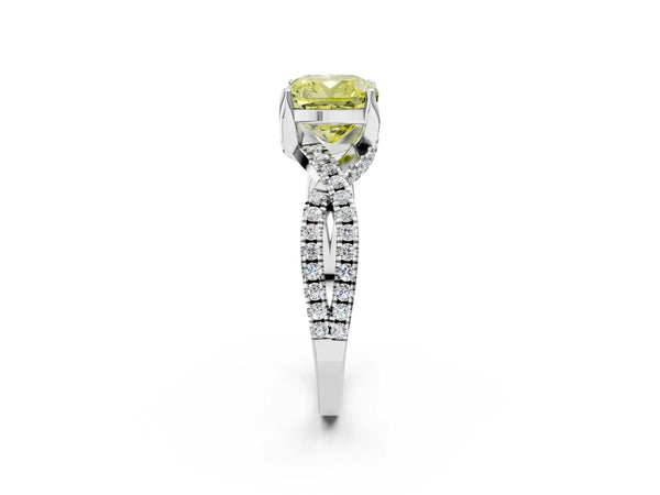 White gold Fancy Yellow Cushion Cut Solitaire Twist Pave Diamond Engagement Ring with Prong Setting