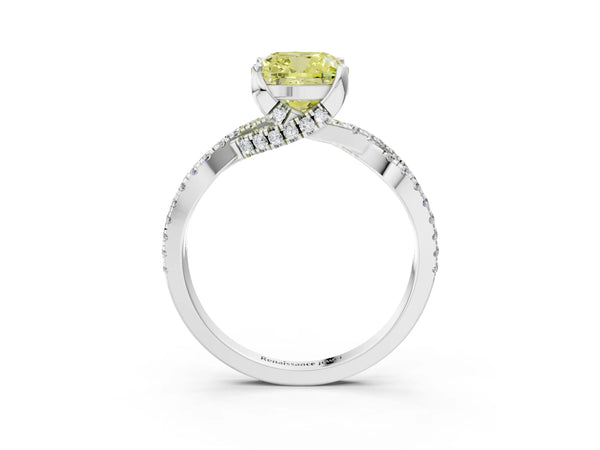 White gold Fancy Yellow Cushion Cut Solitaire Twist Pave Diamond Engagement Ring with Prong Setting