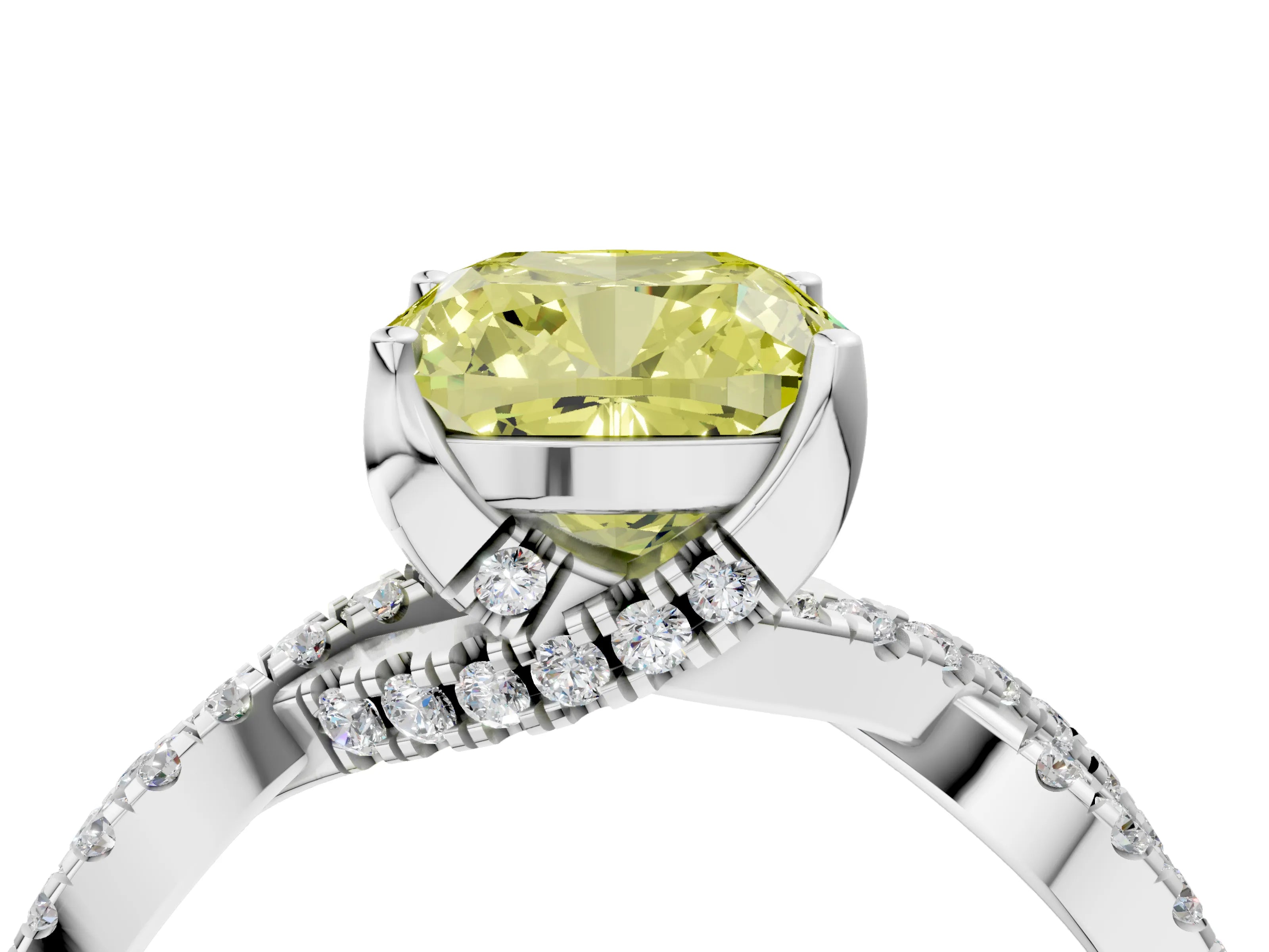 White gold Fancy Yellow Cushion Cut Solitaire Twist Pave Diamond Engagement Ring with Prong Setting_16