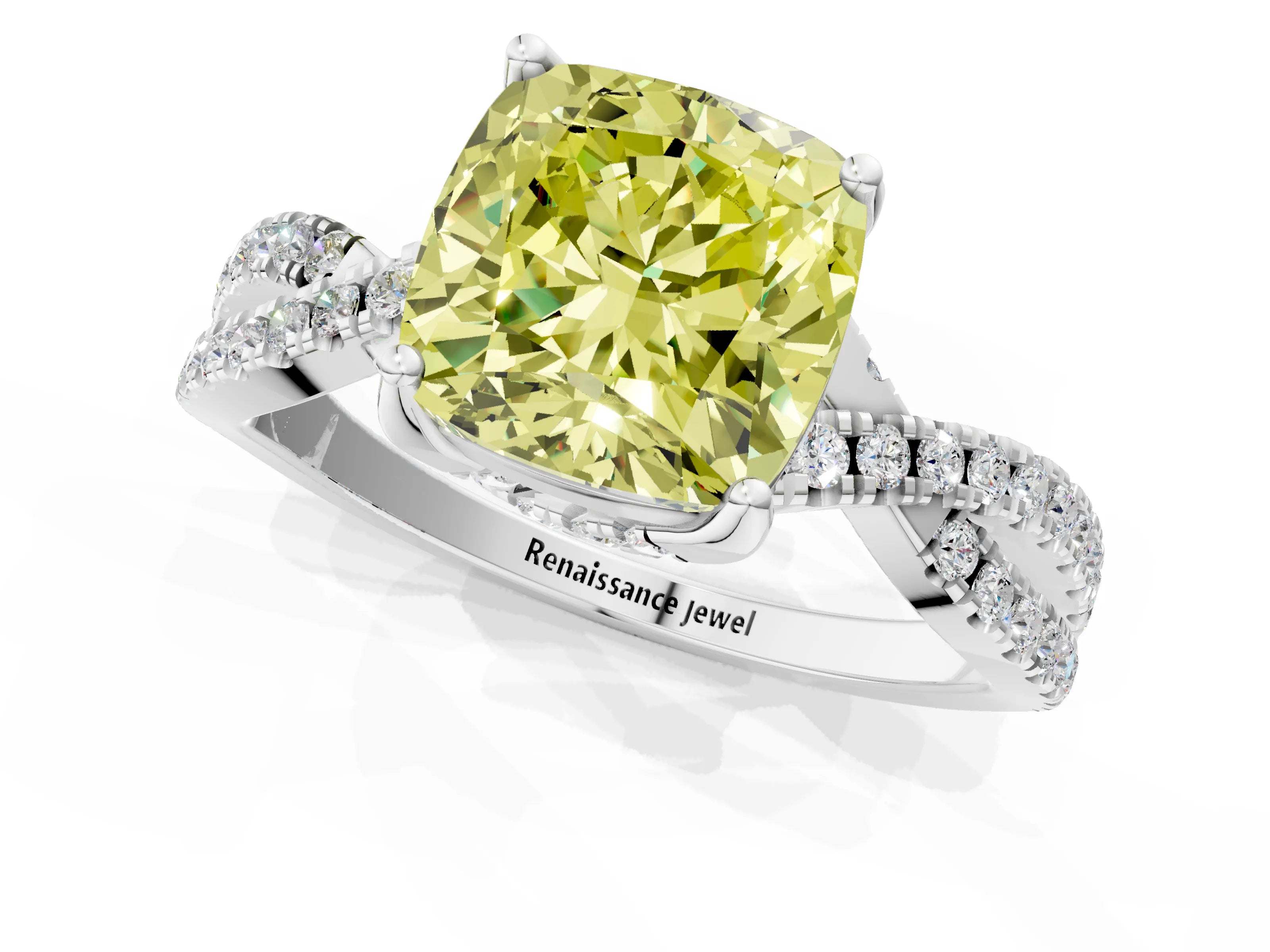 White gold Fancy Yellow Cushion Cut Solitaire Twist Pave Diamond Engagement Ring with Prong Setting_1