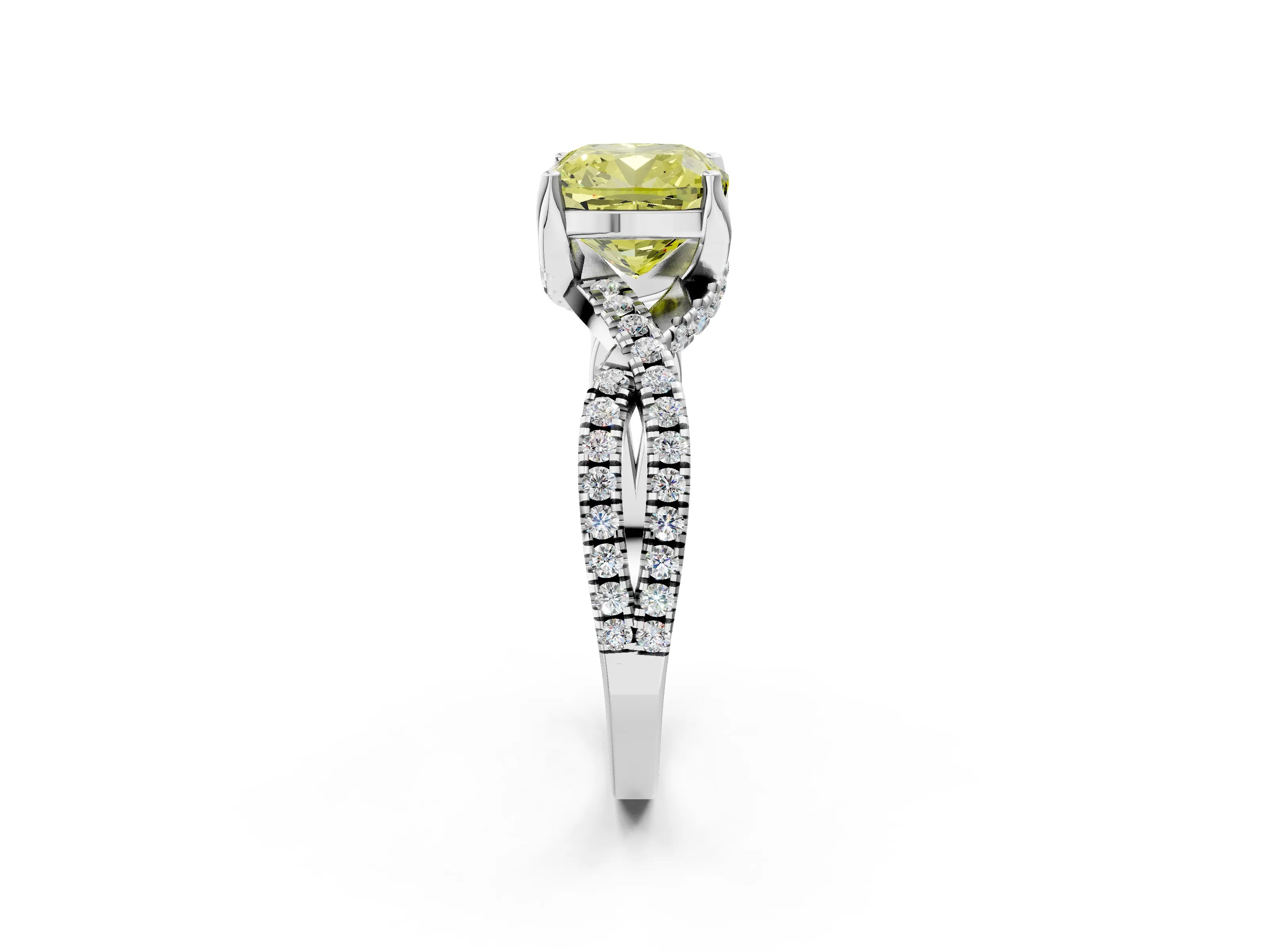 White gold Fancy Yellow Cushion Cut Solitaire Twist Pave Diamond Engagement Ring with Prong Setting_2