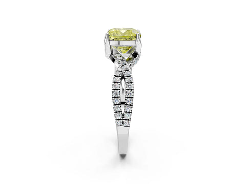 White gold Fancy Yellow Cushion Cut Solitaire Twist Pave Diamond Engagement Ring with Prong Setting_2