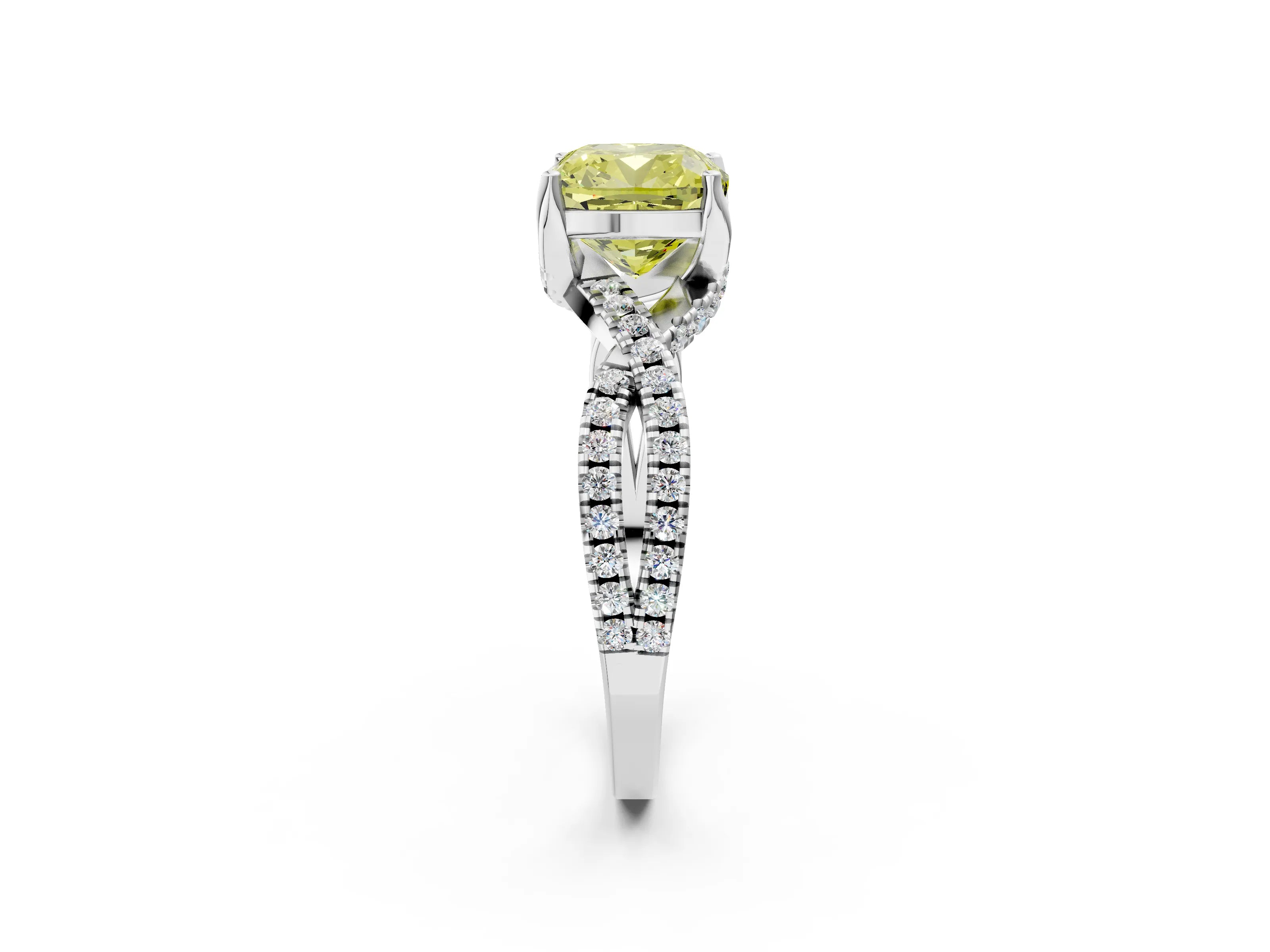White gold Fancy Yellow Cushion Cut Solitaire Twist Pave Diamond Engagement Ring with Prong Setting_2