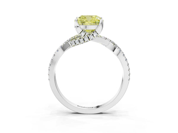 White gold Fancy Yellow Cushion Cut Solitaire Twist Pave Diamond Engagement Ring with Prong Setting