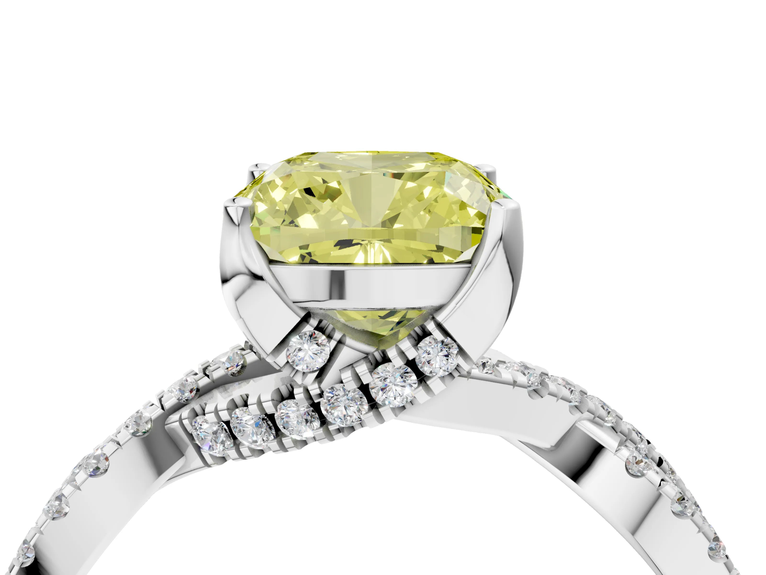 White gold Fancy Yellow Cushion Cut Solitaire Twist Pave Diamond Engagement Ring with Prong Setting_4