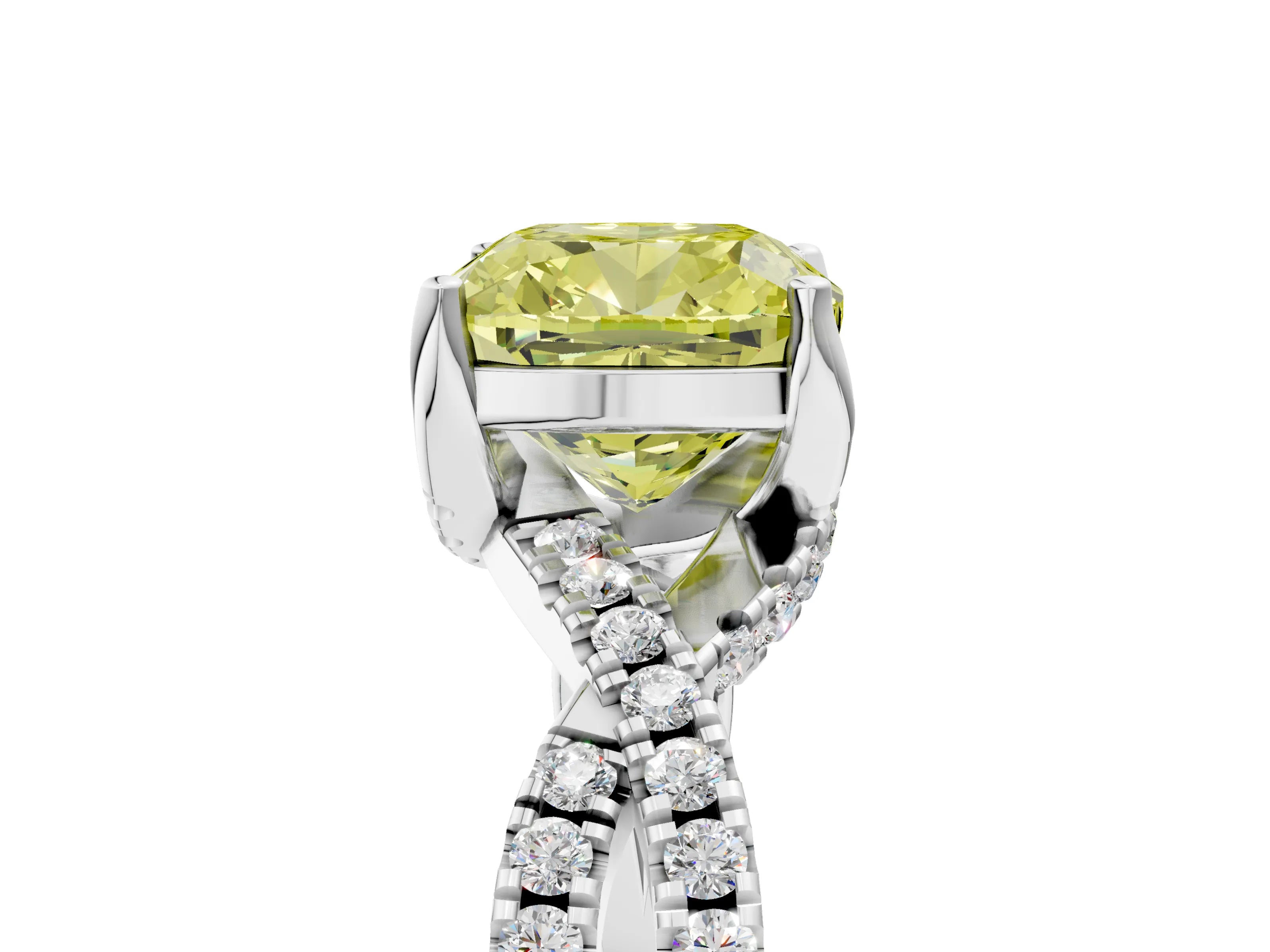 White gold Fancy Yellow Cushion Cut Solitaire Twist Pave Diamond Engagement Ring with Prong Setting_5