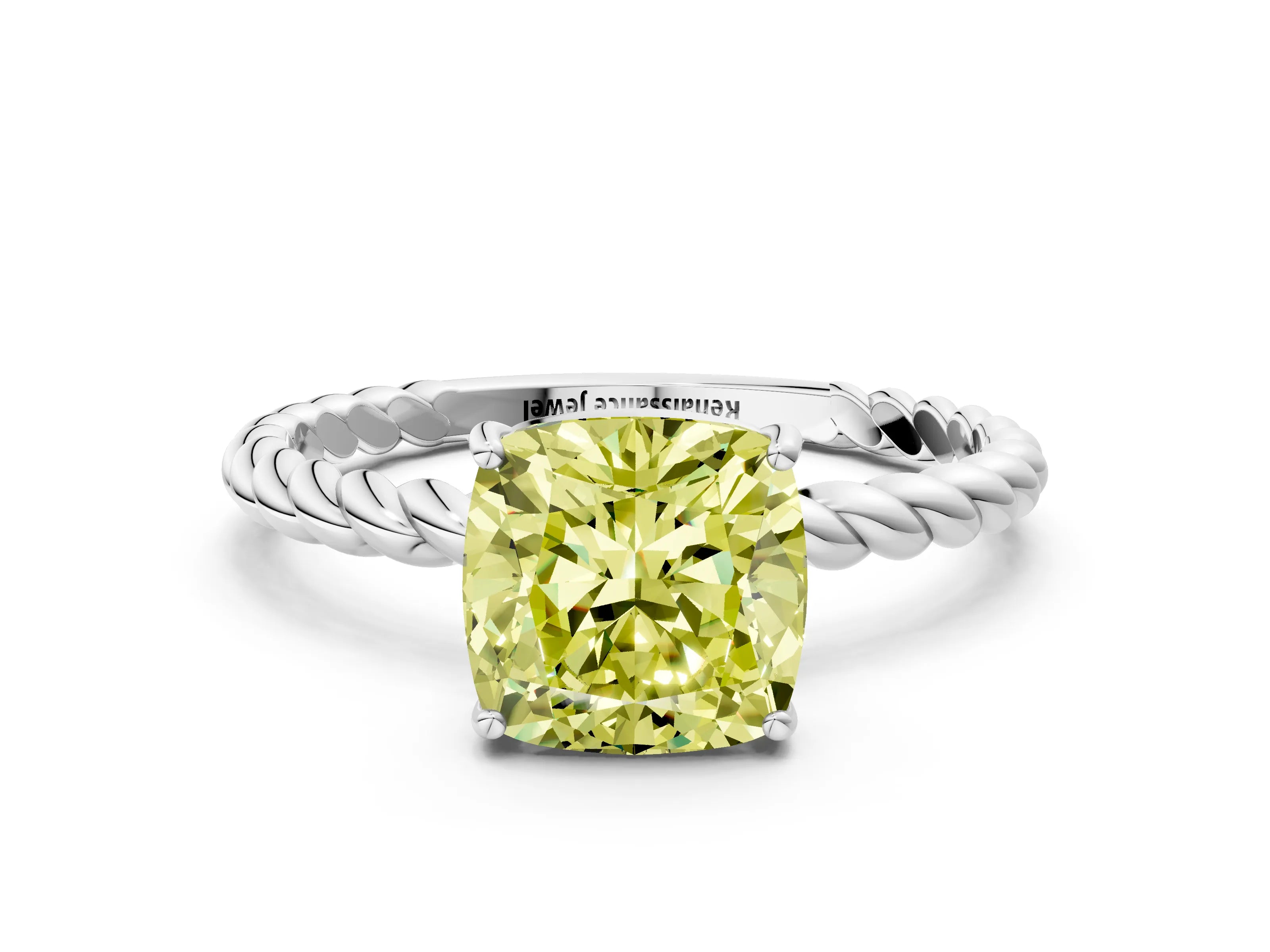 White gold Fancy Yellow Cushion Cut Solitaire Twisted Band 4-Prong Ring_24