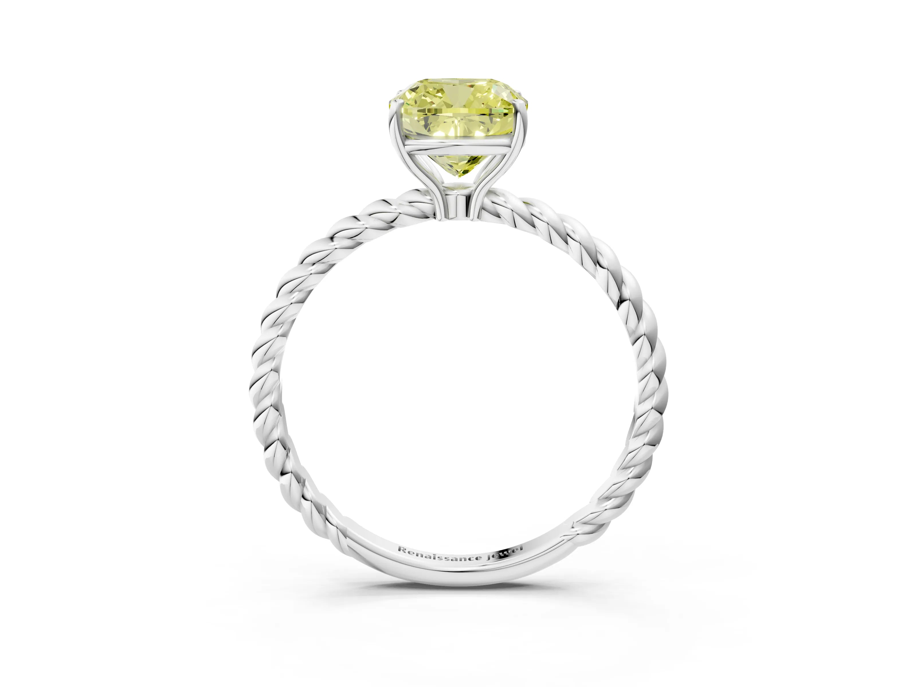 White gold Fancy Yellow Cushion Cut Solitaire Twisted Band 4-Prong Ring_27