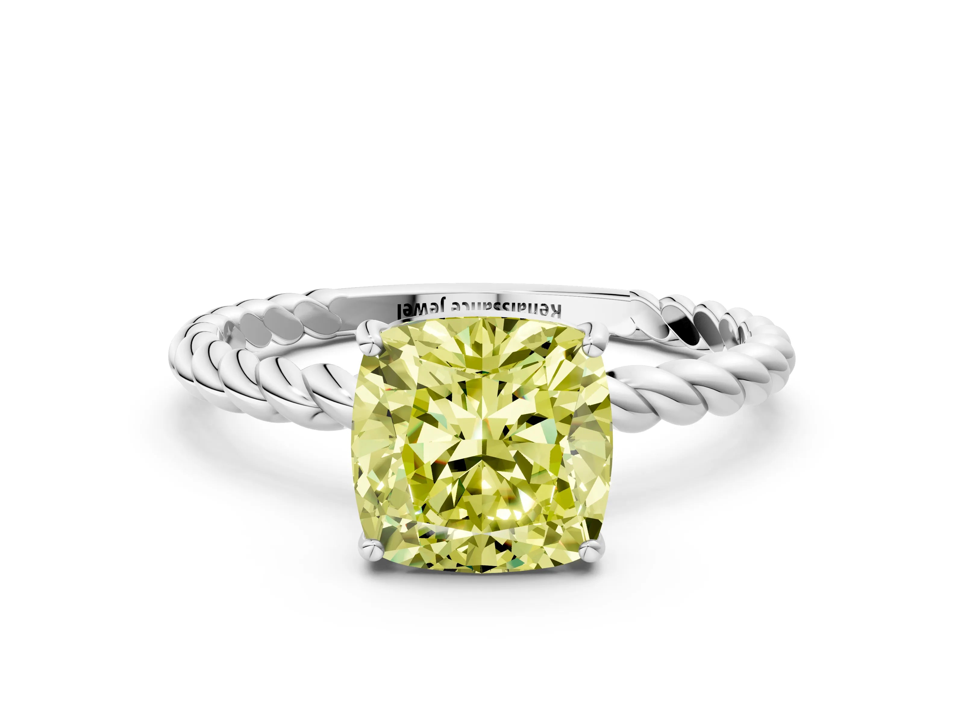 White gold Fancy Yellow Cushion Cut Solitaire Twisted Band 4-Prong Ring_30