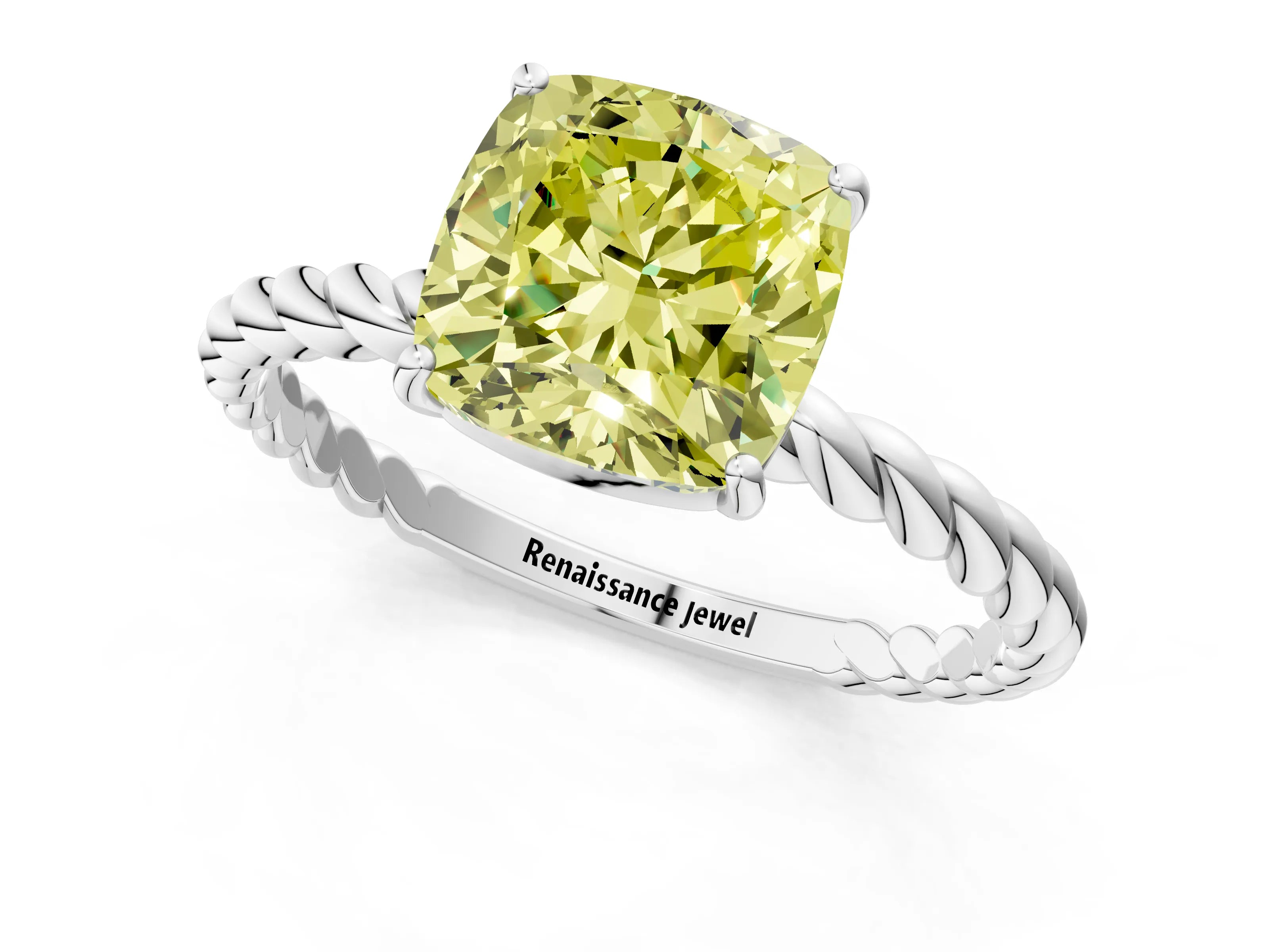 White gold Fancy Yellow Cushion Cut Solitaire Twisted Band 4-Prong Ring_31