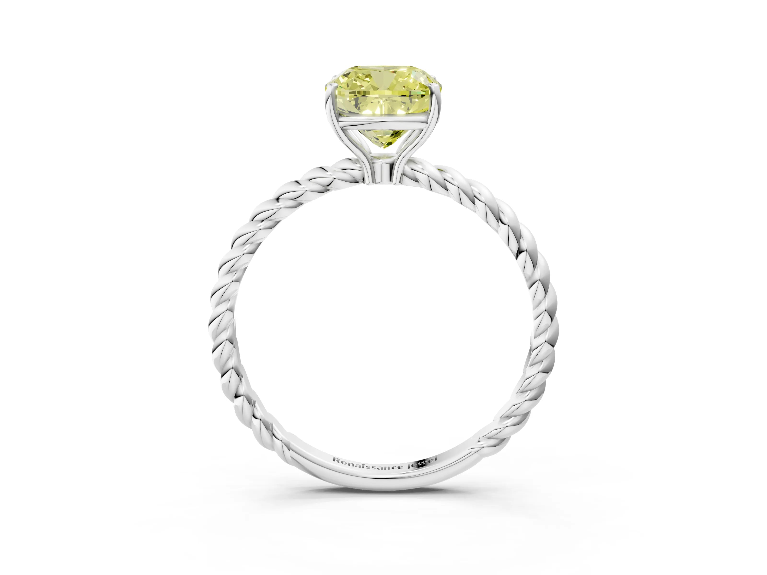 White gold Fancy Yellow Cushion Cut Solitaire Twisted Band 4-Prong Ring_33