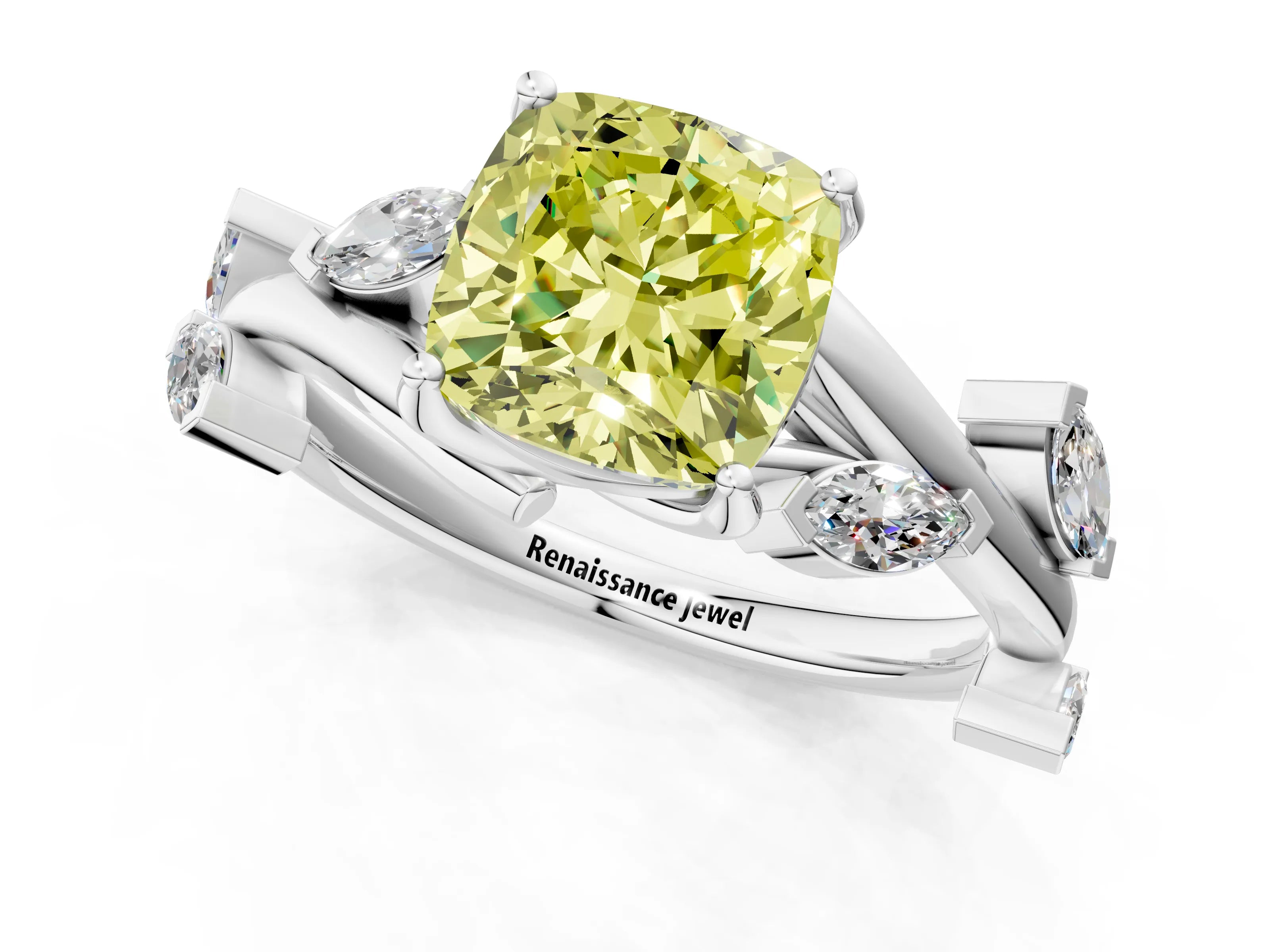 White gold Fancy Yellow Cushion Cut Solitaire Twisted Band Marquise Accent Prong Setting Ring_1
