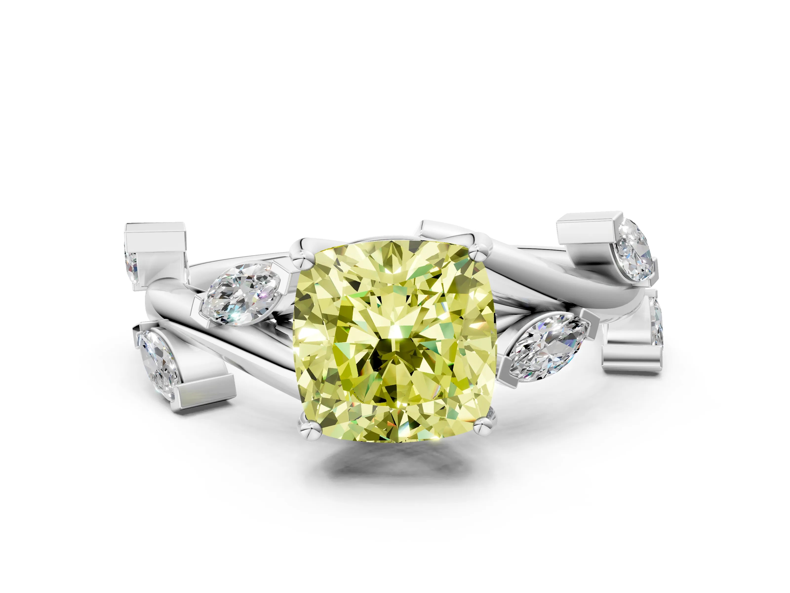 White gold Fancy Yellow Cushion Cut Solitaire Twisted Band Marquise Accent Prong Setting Ring
