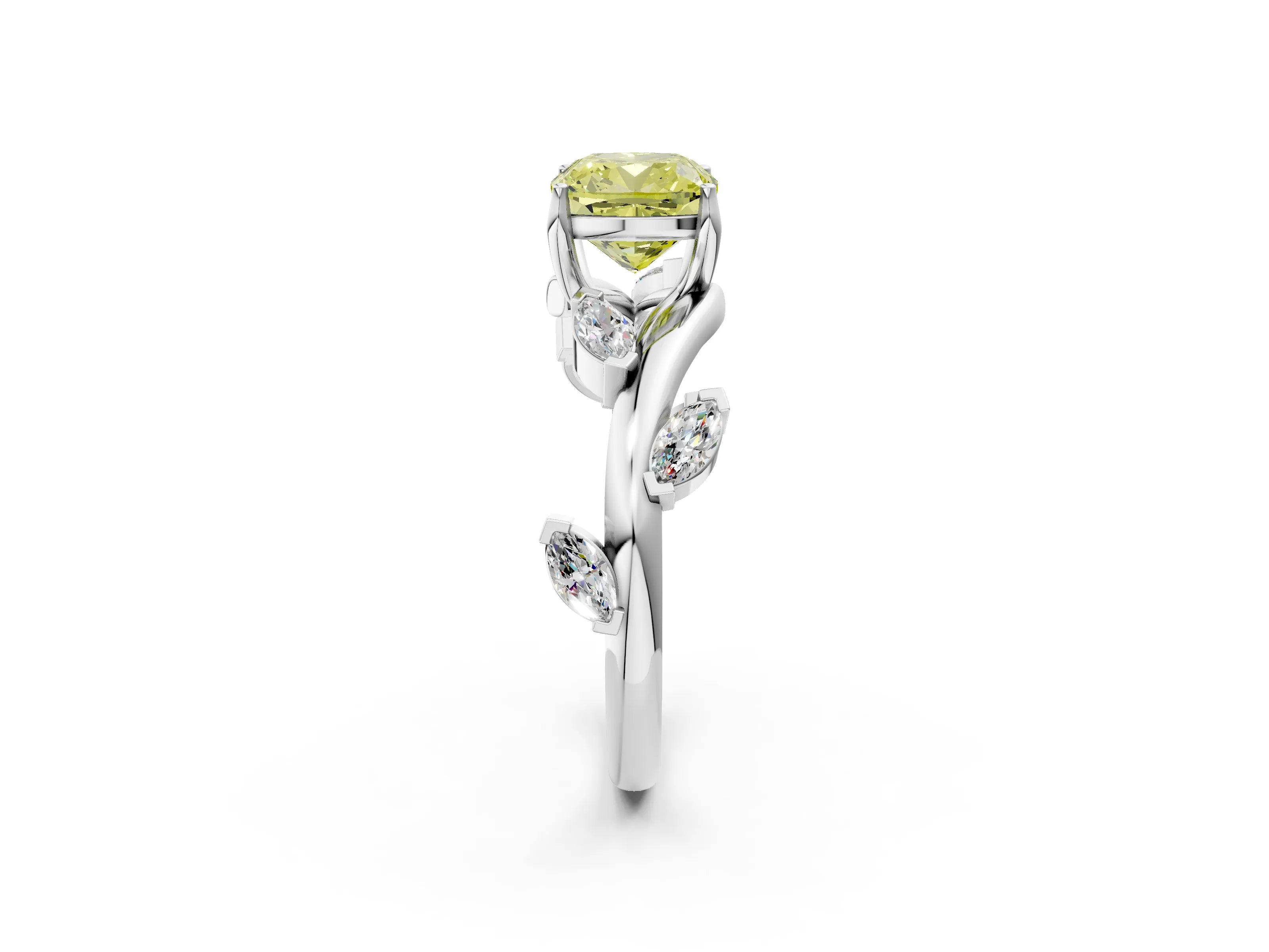 White gold Fancy Yellow Cushion Cut Solitaire Twisted Band Marquise Accent Prong Setting Ring_2