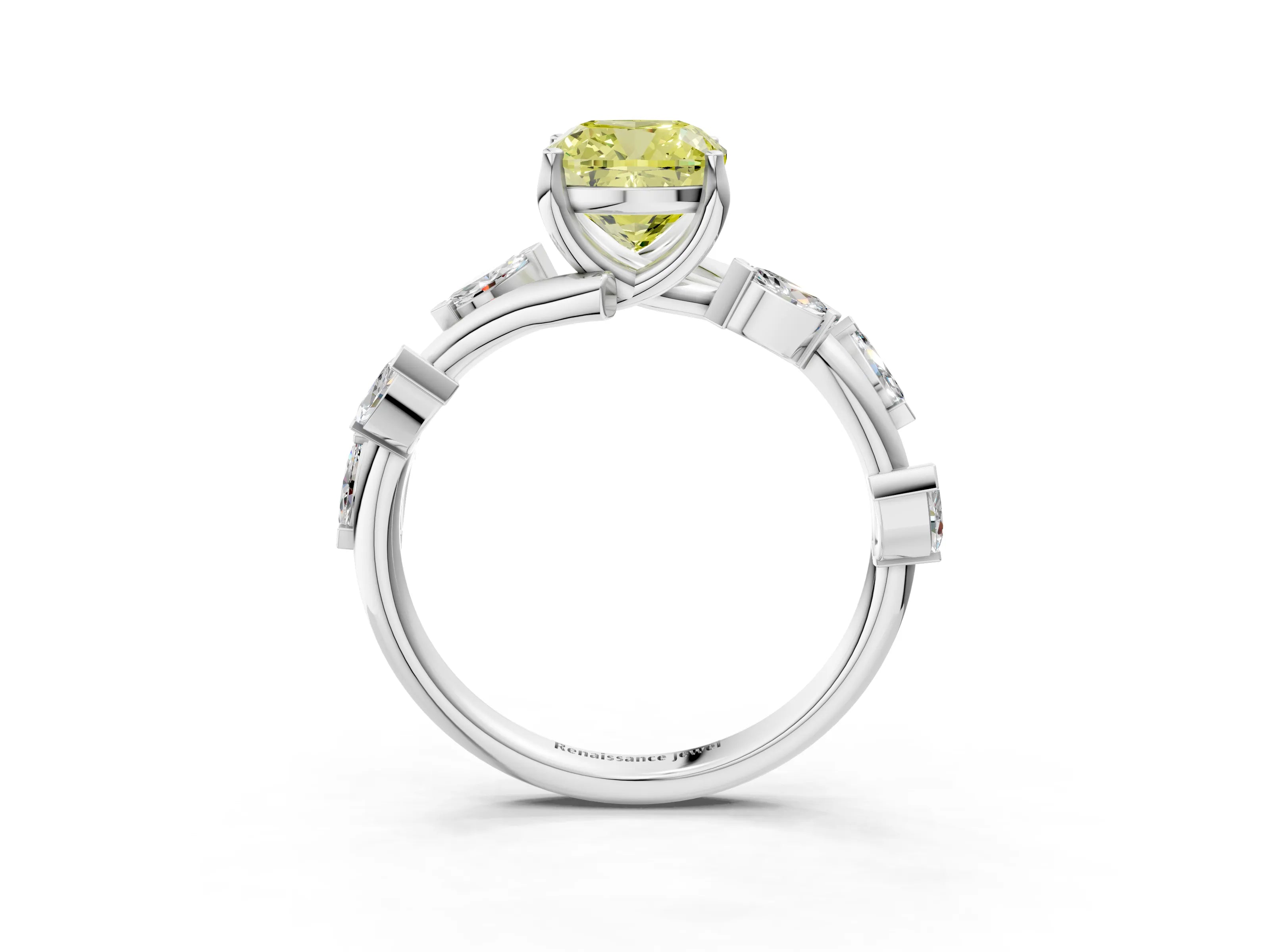 White gold Fancy Yellow Cushion Cut Solitaire Twisted Band Marquise Accent Prong Setting Ring_3