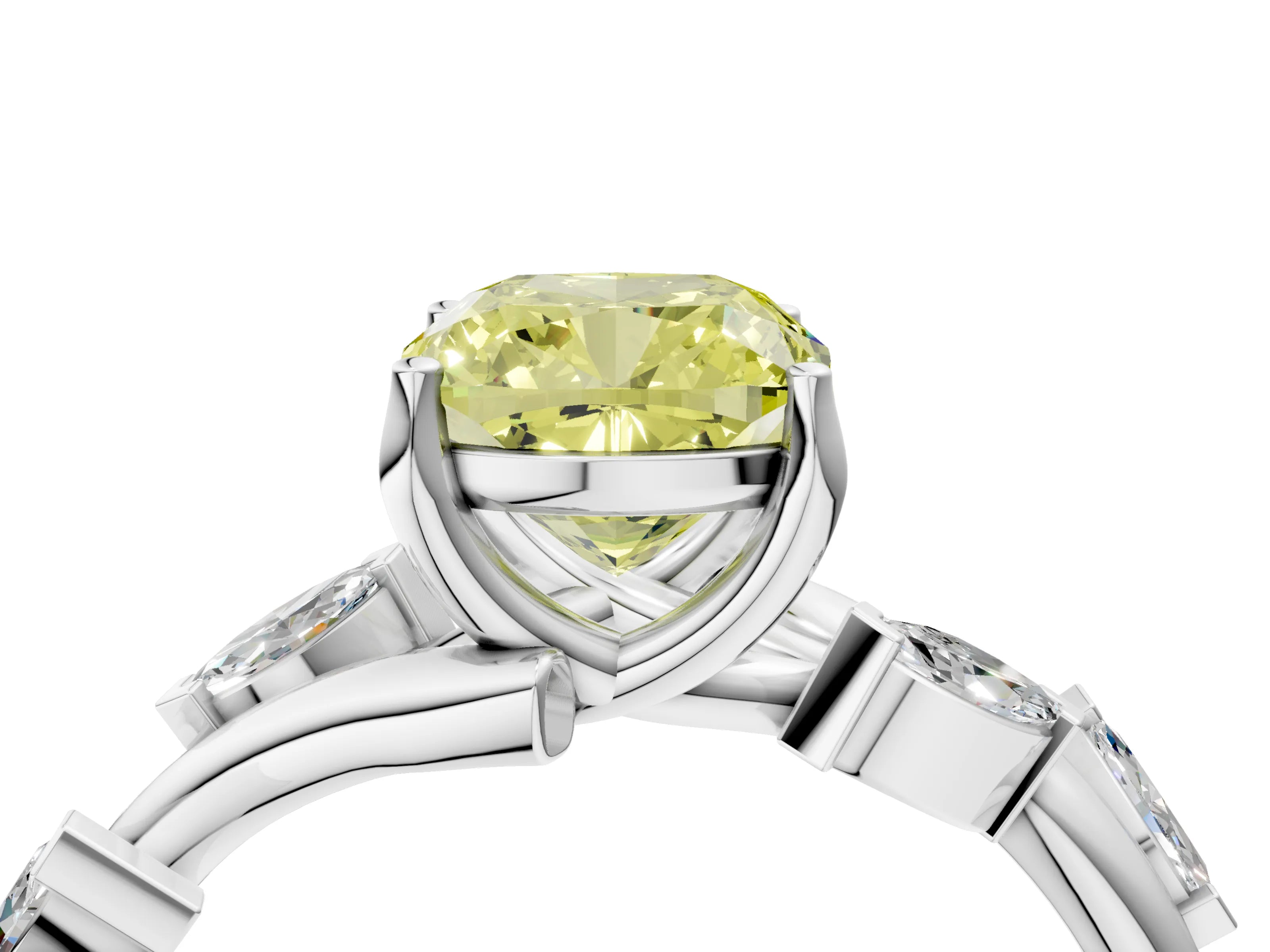 White gold Fancy Yellow Cushion Cut Solitaire Twisted Band Marquise Accent Prong Setting Ring_4