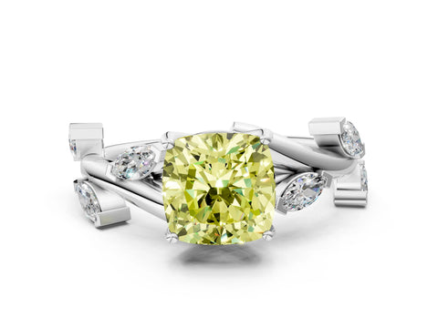 White gold Fancy Yellow Cushion Cut Solitaire Twisted Band Marquise Accent Prong Setting Ring