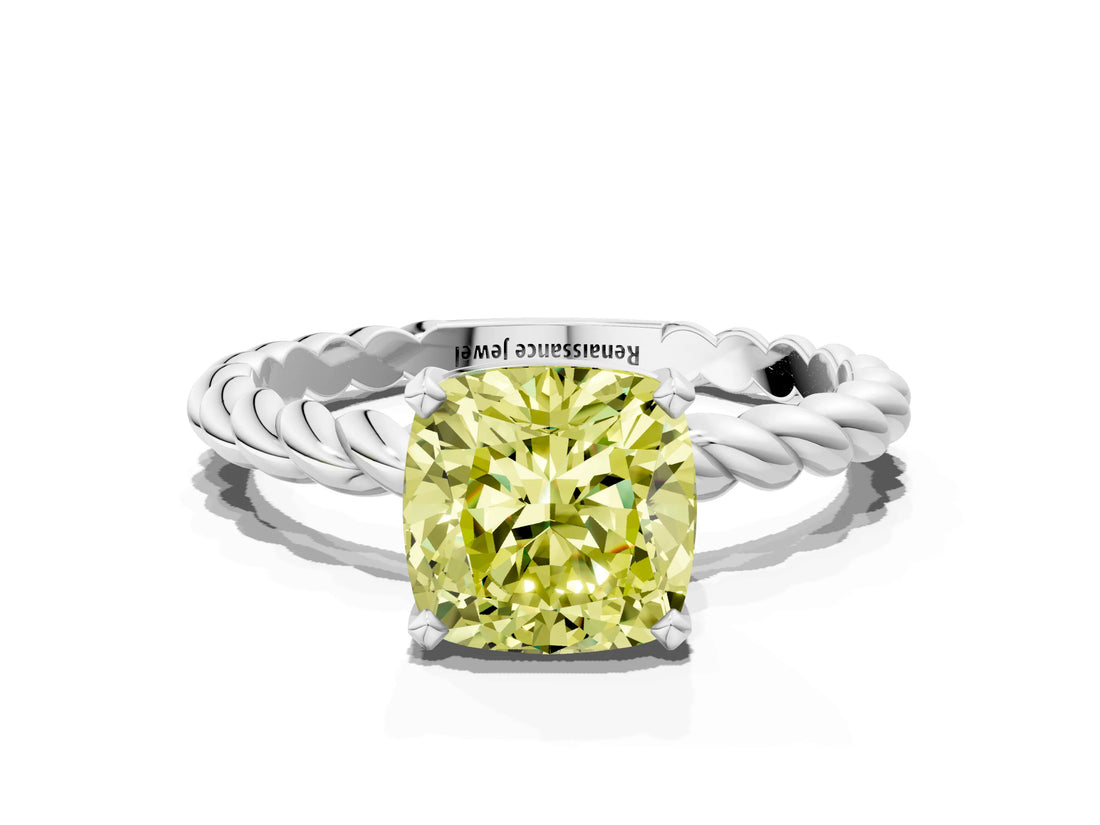 White gold Fancy Yellow Cushion  Cut Solitaire Twisted Band with Four-Prong Setting_68